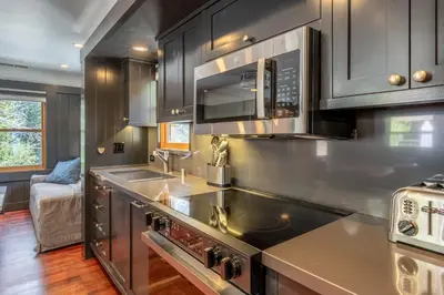 a kitchen with stainless steel appliances and a stove at Cedar Crest - Woodpecker Cottage 7 in Homewood