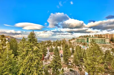 arial view of a resort with trees and buildings at LUXE 15 Blue Diamond Lodge Lake Tahoe Hot Tub in Stateline
