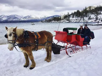 two people riding in a horse drawn carriage in the snow at LUXE 4 Blue Diamond Lake Tahoe Lodge in Stateline