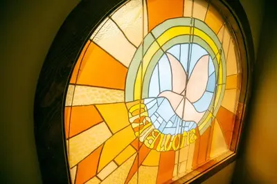 a stained glass window in a room at Cozy One Bedroom Condo with Loft! in Mammoth Lakes