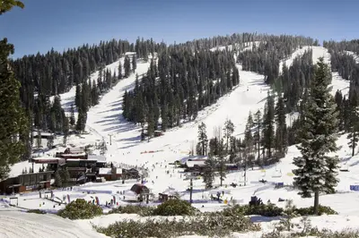 a ski slope with people skiing down a mountain at Cozy Condo in Ski Trails in Truckee
