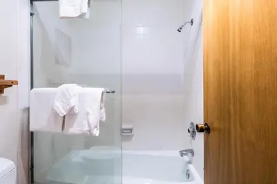 a bathroom with a shower and a toilet and a sink at Snowcreek #97 Phase I in Mammoth Lakes