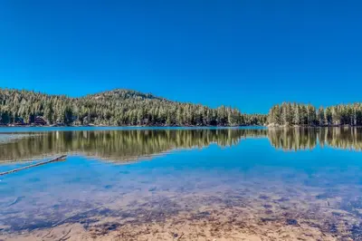 a view of crater lake from the shore at Boat House in Soda Springs