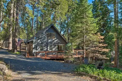 a cabin in the woods with a driveway at Family Cabin in Blue Lake Springs, Near Town! in Arnold