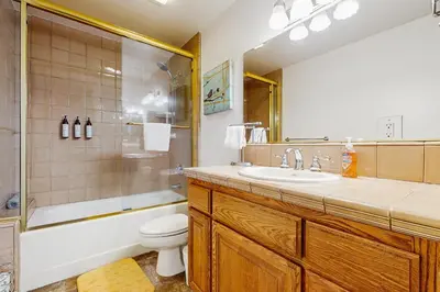 a bathroom with a sink and a toilet and a shower at Life on Mt Olympia in South Lake Tahoe