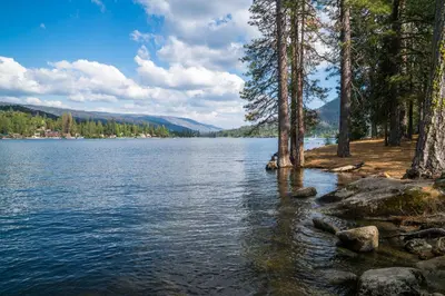 a view of a lake with trees on the shore at Fairfield Inn & Suites by Marriott Oakhurst Yosemite in Oakhurst