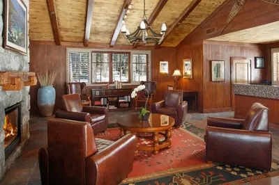 a living room with leather furniture and a fireplace at Hyatt Vacation Club at High Sierra Lodge in Incline Village