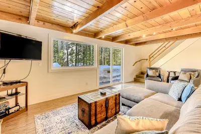 a living room with a couch and a tv at Flicker Retreat in Homewood