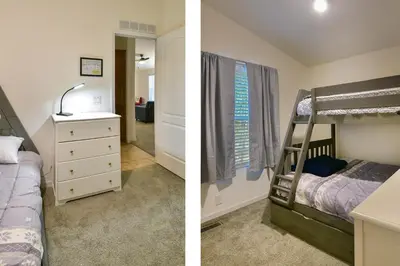 two pictures of a bedroom with a bunk bed at 3R Suter's Forte in North Wawona