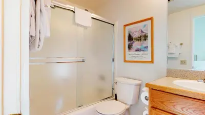 a bathroom with a shower and a toilet and a sink at Summit #293 condo in Mammoth Lakes