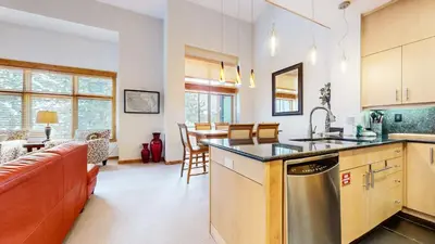 a kitchen with a sink and a counter top at Solstice #18 condo in Mammoth Lakes
