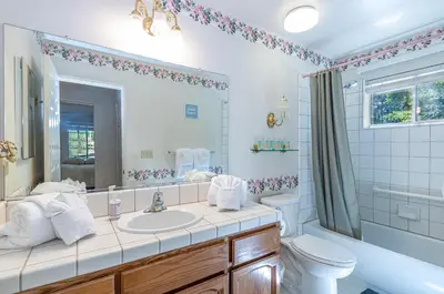 a bathroom with a sink and a toilet and a mirror at Spectacular Views w/ Hot Tub/BBQ -Yosemite & Bass Lake in Oakhurst