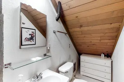 a bathroom with a toilet and a sink and a mirror at Snowpeak Chalet in Camp Connell
