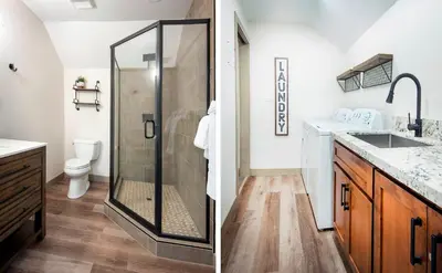 a bathroom with a shower and a sink at 12R Hilltop Haven in North Wawona
