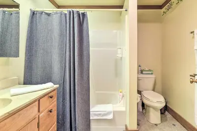 a bathroom with a shower curtain and a toilet at Cabin Less Than Half-Mi from Pine Mountain Lake Marina! in Groveland