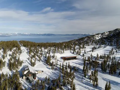 an aerial view of a ski lodge in the snow at Luxury Two Bedroom Residence steps from Heavenly Village condo in South Lake Tahoe