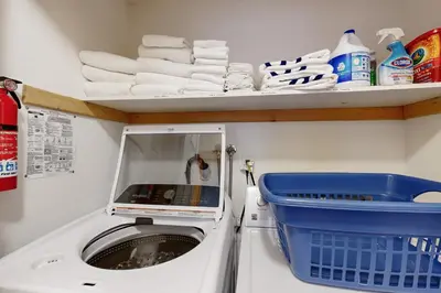 a washing machine in a bathroom with a blue basket at Sugar Pine Haus in Tahoma