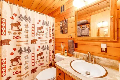 a bathroom with a sink and a toilet and a shower curtain at Heavenly Daze in Arnold