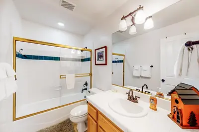 a bathroom with a sink and a toilet and a shower at Tahoe's Stunner in Tahoe Vista