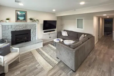 a living room with a couch and a fireplace at Less Than 1 Mi to Slopes! Heavenly Daze Chalet in Tahoe in Stateline
