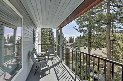 a balcony with two chairs and a table on it at Less Than 1 Mi to Slopes! Heavenly Daze Chalet in Tahoe in Stateline