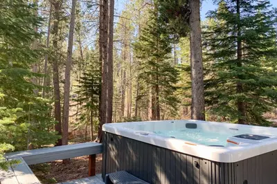 a hot tub in the woods with trees at Cozy Cabin Retreat in South Lake Tahoe