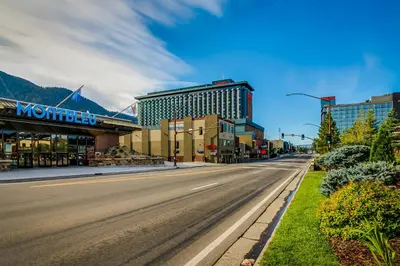 an empty street in a city with a hotel at Cozy Cabin Retreat in South Lake Tahoe