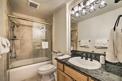 a bathroom with a sink and a shower and a toilet at Epic Mammoth Lakes Getaway with Shared Pool, Hot Tub in Mammoth Lakes