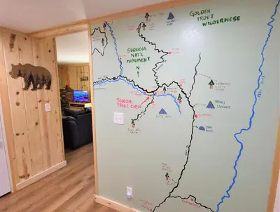 a map on a wall in a room at Sequoia Trails, mountains, fun & relax in Ponderosa
