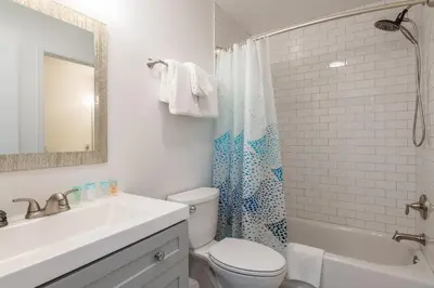 a bathroom with a sink and a toilet and a shower at Hidden Valley Village #103 nicely updated 1 bedroom 1 bathroom condo short 10 min walk from Village in Mammoth Lakes