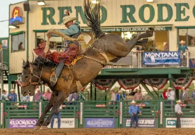 a man riding a horse at a rodeo at Chic Apt w Jacuzzi, Pool, BBQ, & Mountain Views in Sparks