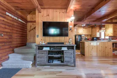a living room with a flat screen tv on a wooden wall at Woodsy Wonder in Tahoe City