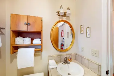 a bathroom with a sink and a mirror at Alder Lake View Lodge in Bass Lake