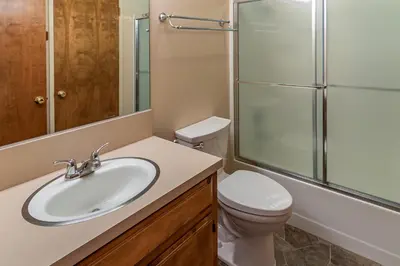a bathroom with a sink and a toilet and a shower at Miglin Lakeview in Bass Lake