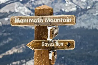 a wooden sign for a mountain summit and dogs run at Snowcreek 625 in Mammoth Lakes