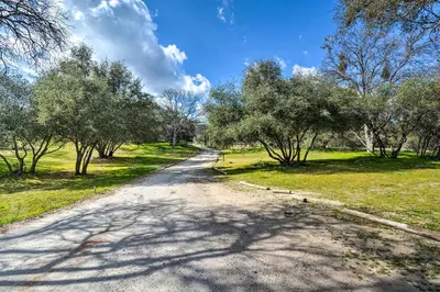 a dirt road with trees on the side of a field at Romantic Treetop Studio 30 Mi to Yosemite! in Coarsegold
