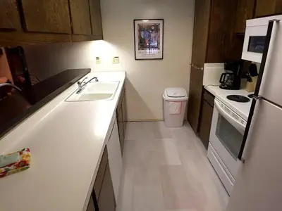 a small kitchen with a sink and a refrigerator at 1 Bedroom Standard Condos in Mammoth Lakes