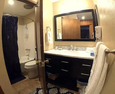 a bathroom with a sink and a toilet and a mirror at 1 Bedroom Standard Condos in Mammoth Lakes