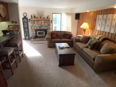 a living room with a couch and a fireplace at 1 Bedroom Standard Condos in Mammoth Lakes