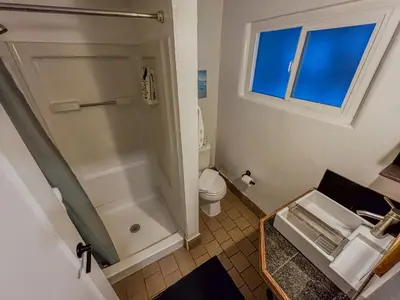 a bathroom with a shower and a toilet and a sink at The Chalet at Kings Beach Unit 1 in Kings Beach