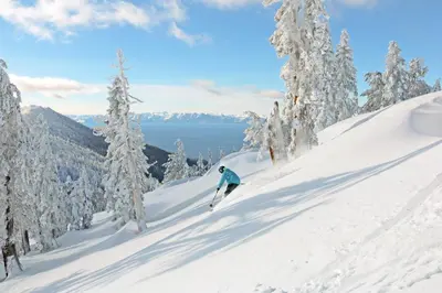 a person is skiing down a snow covered slope at Lakeshore Townhome 20 in Incline Village