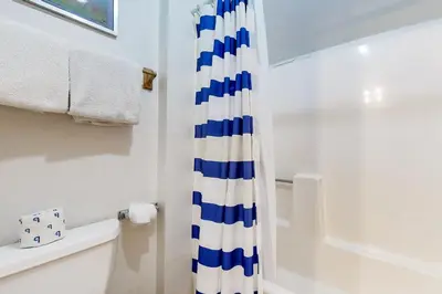 a bathroom with a blue and white shower curtain at Wolfgang Dreams in Truckee