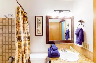 a bathroom with a sink and a toilet and a mirror at St Bernard Oasis in Truckee
