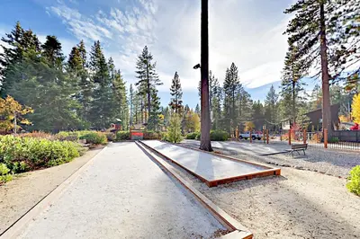 a skate park with a bench and a pole at Alpine Haven in Tahoe City