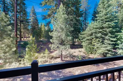 a view of a forest of trees from a balcony at Walk-Friendly Truckee House in Truckee