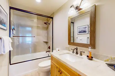 a bathroom with a sink and a shower and a toilet at Luxury Mountain Retreat in South Lake Tahoe