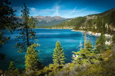 a view of a lake in the mountains at Charming Lake Tahoe Cabin in Carnelian Bay