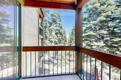 a screened porch with a view of the woods at Gold Bend Escape in Truckee