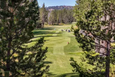 a view of a golf course through the trees at Oslo Manor in Truckee