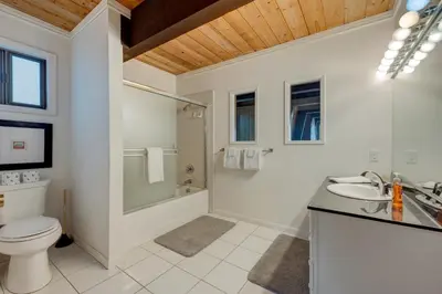 a bathroom with a toilet and a shower and a sink at Dollar Point in Tahoe City